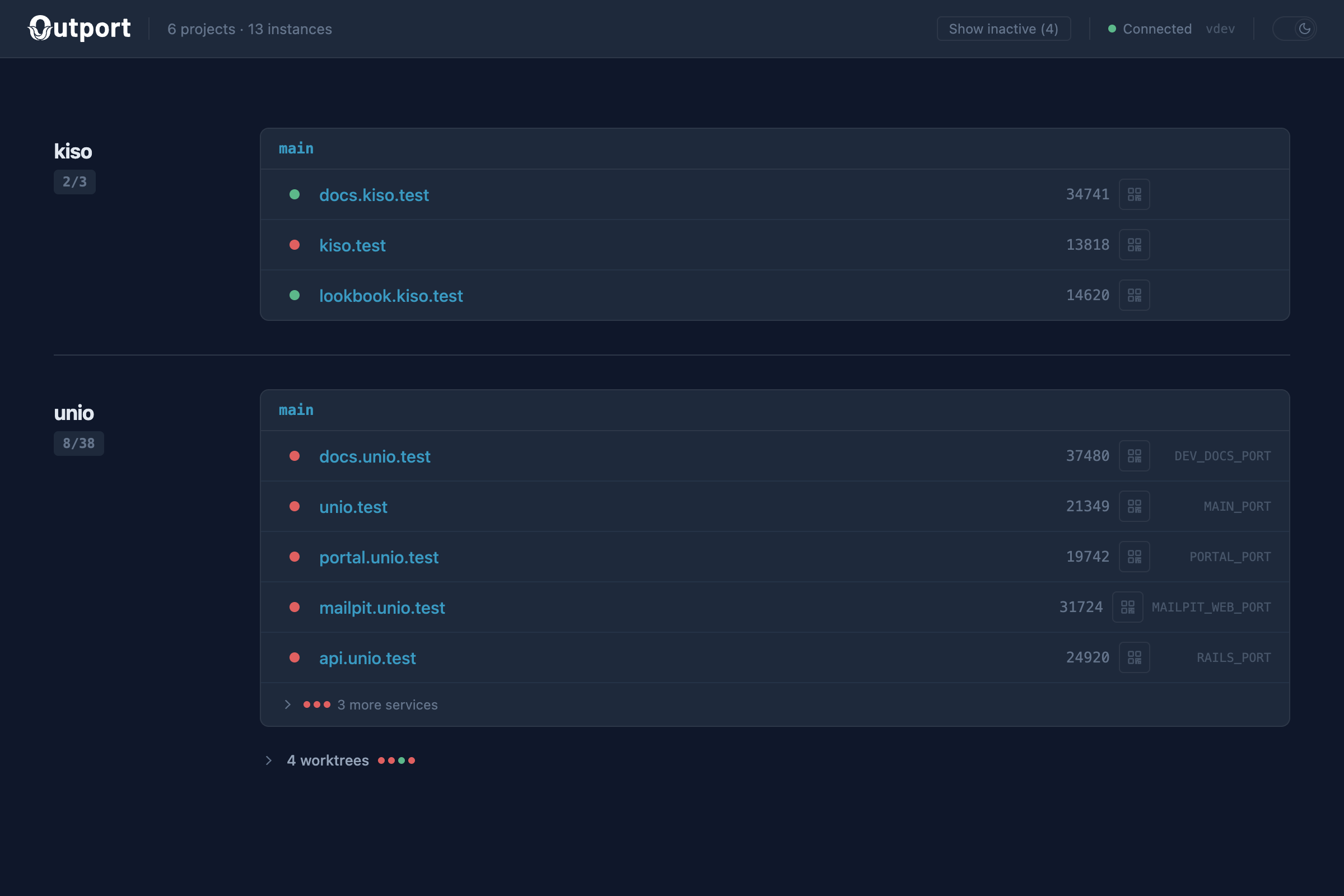 Outport live dashboard in dark mode showing projects with .test URLs, ports, and health status