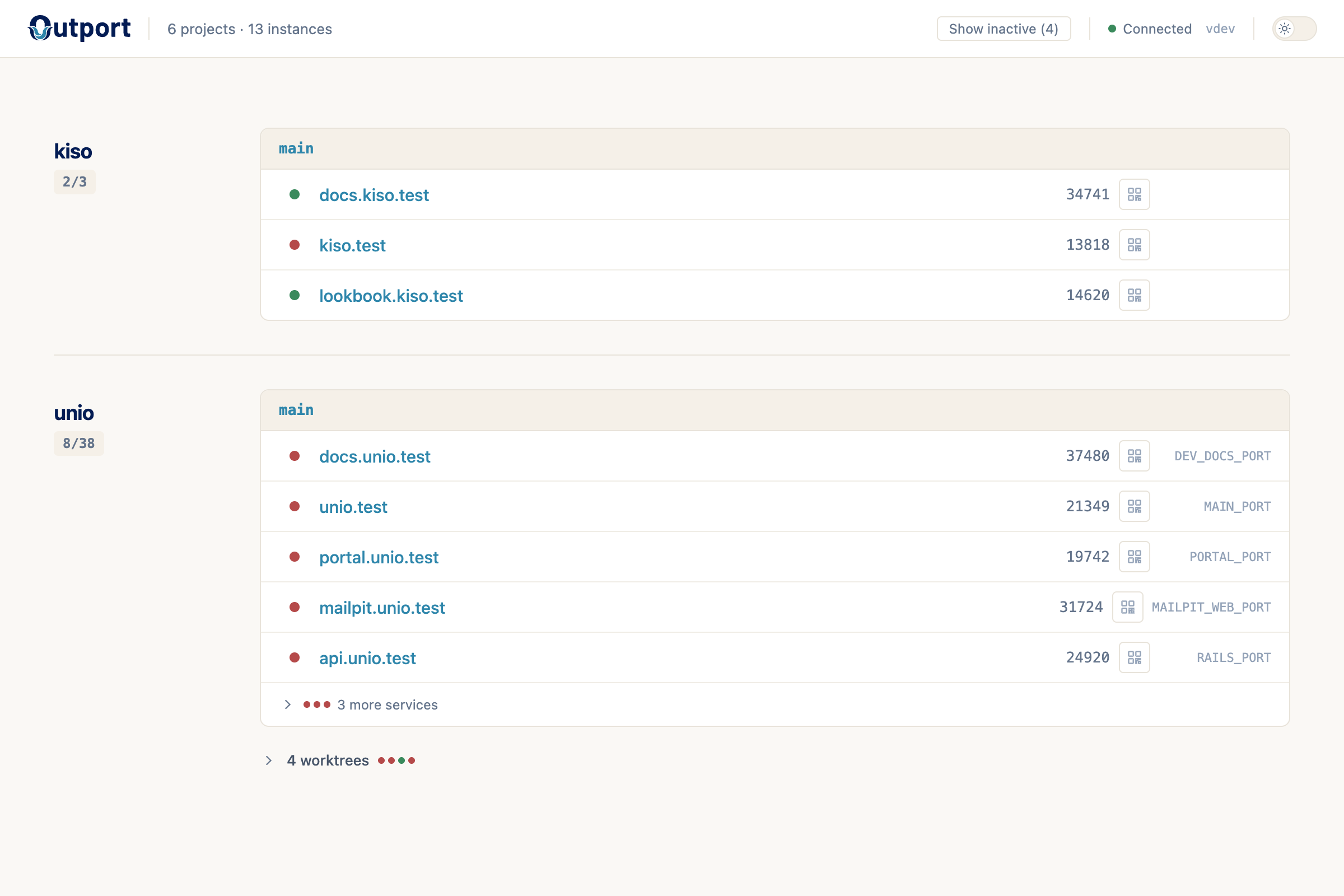 Outport live dashboard showing projects with .test URLs, ports, and health status