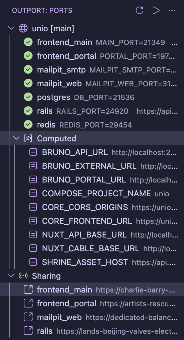 Outport VS Code extension showing ports, computed values, and sharing in the sidebar